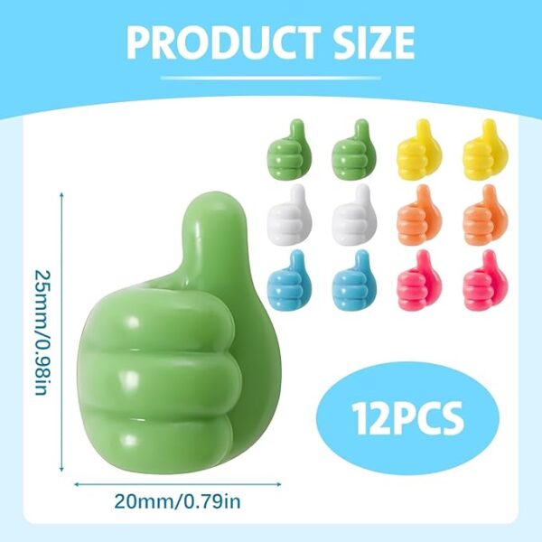 12 pcs Adhesive Thumb Hooks – No Drill Cable Holder, Removable Thumbs up Wall Hook for Bathroom & Office - Image 2