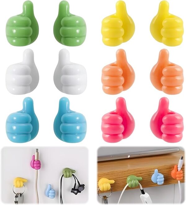12 pcs Adhesive Thumb Hooks – No Drill Cable Holder, Removable Thumbs up Wall Hook for Bathroom & Office