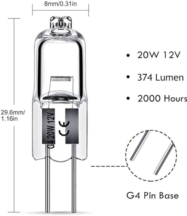 G4 Halogen Light Bulbs 20W 12V Clear Capsule 2 Pin Lamp Bulb Halogen Pin Base Warm White Dimmable 10 Pack [Energy Class G] - Image 5