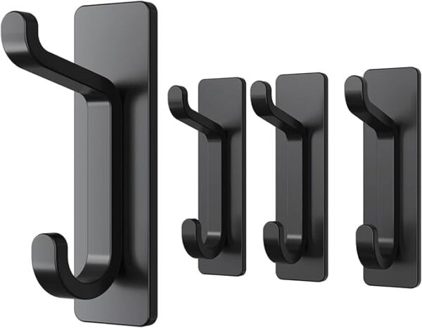 Self Adhesive Hooks, Extra Sticky and Strong, Hanging up to 6KG, Heavy Duty Stick on, No-Nail Hook for Back of Door, Black, 4 Pack