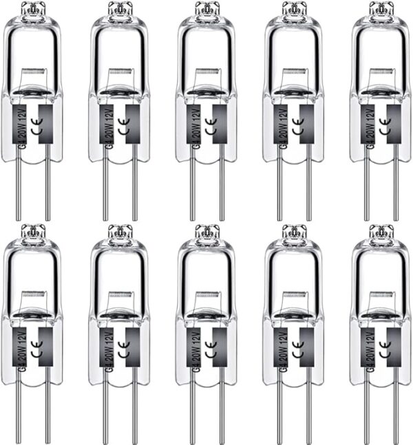 G4 Halogen Light Bulbs 20W 12V Clear Capsule 2 Pin Lamp Bulb Halogen Pin Base Warm White Dimmable 10 Pack [Energy Class G]
