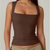 Women's Square Neck Sleeveless Vest Basic Skinny T-ShirtSleeveless Double Layer Tank Basic Skinny Tee - Image 3