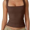 Women's Square Neck Sleeveless Vest Basic Skinny T-ShirtSleeveless Double Layer Tank Basic Skinny Tee - Image 5