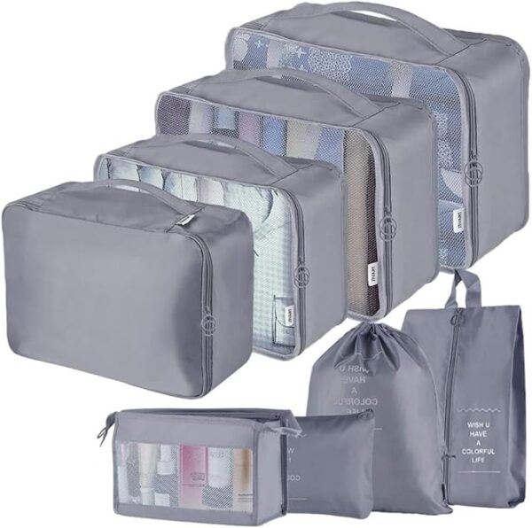 Travel Packing Cubes, Toifucos Multifunction 8pcs/set Luggage Organiser Waterproof Compression Suitcase Essential Bag, Dark Gray