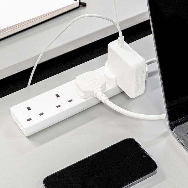 White Electric Extension Lead - 4 Gang, 1 Metre Cable with UK Plug & 3 Pin Socket - Wall Mountable & Multi Socket Mains Strip for Home, Bedroom, Kitchen, & Office (1 Pack) - Image 2