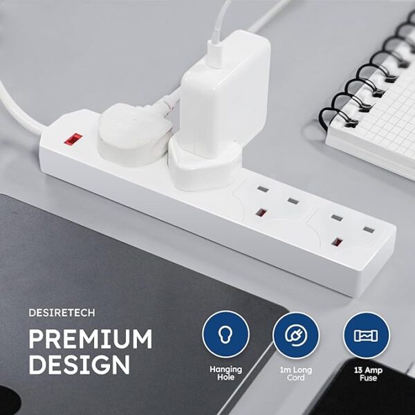 White Electric Extension Lead - 4 Gang, 1 Metre Cable with UK Plug & 3 Pin Socket - Wall Mountable & Multi Socket Mains Strip for Home, Bedroom, Kitchen, & Office (1 Pack) - Image 6