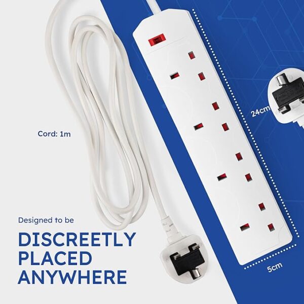 White Electric Extension Lead - 4 Gang, 1 Metre Cable with UK Plug & 3 Pin Socket - Wall Mountable & Multi Socket Mains Strip for Home, Bedroom, Kitchen, & Office (1 Pack) - Image 7
