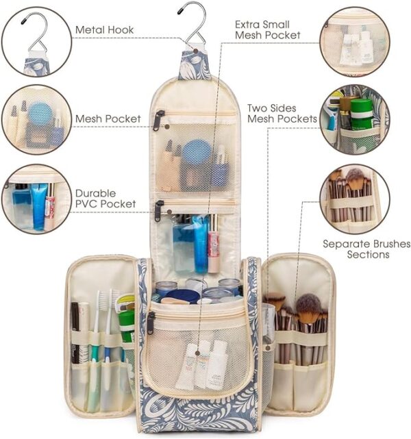 Narwey Travel Hanging Toiletry Wash Bag Makeup Cosmetic Organizer for Women (Blue Leaf (Small)) - Image 3
