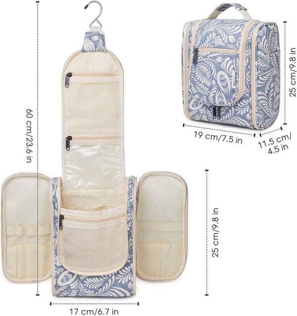 Narwey Travel Hanging Toiletry Wash Bag Makeup Cosmetic Organizer for Women (Blue Leaf (Small)) - Image 4