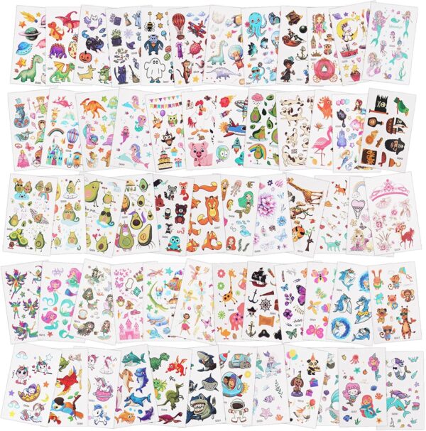 Temporary Tattoo for Kids, 60 Sheets Mermaid Animal Dinosaur Cartoon Tattoo Stickers, Waterproof Cartoon Fake Tattoo Stickers Set for Boys Girls Birthday Gift Party Bag Filler