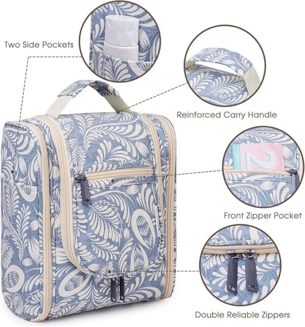 Narwey Travel Hanging Toiletry Wash Bag Makeup Cosmetic Organizer for Women (Blue Leaf (Small)) - Image 2